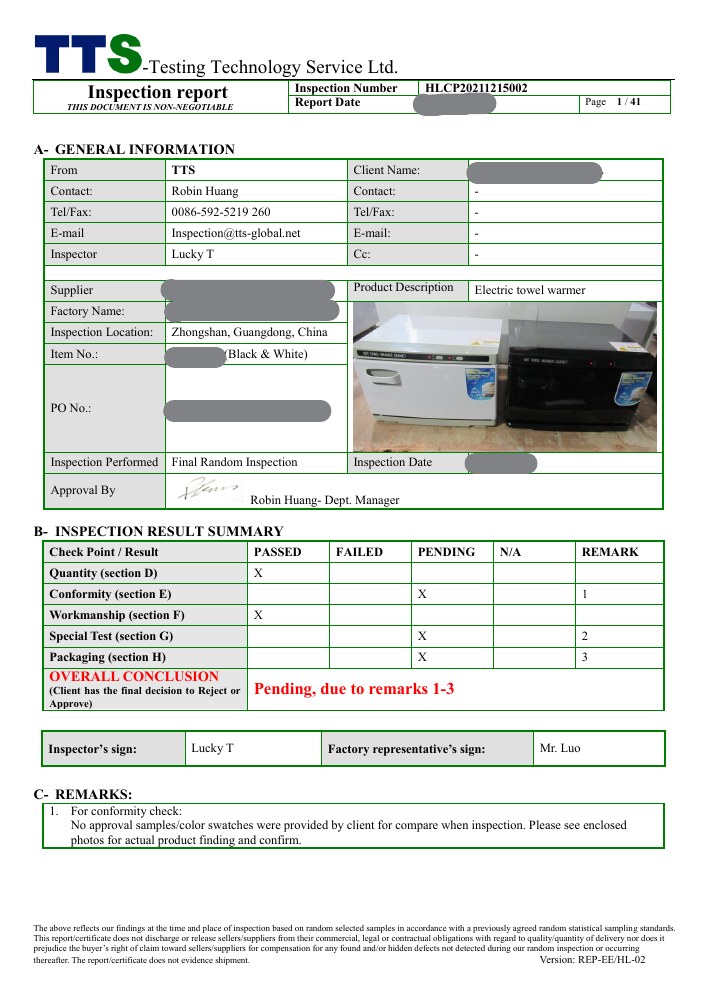 Electrical products — cover of a published TTS sample report