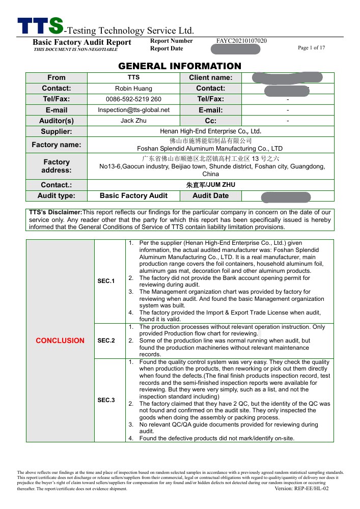 Factory assessment — cover of a published TTS sample report