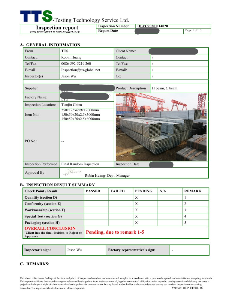 Industrial inspection — cover of a published TTS sample report